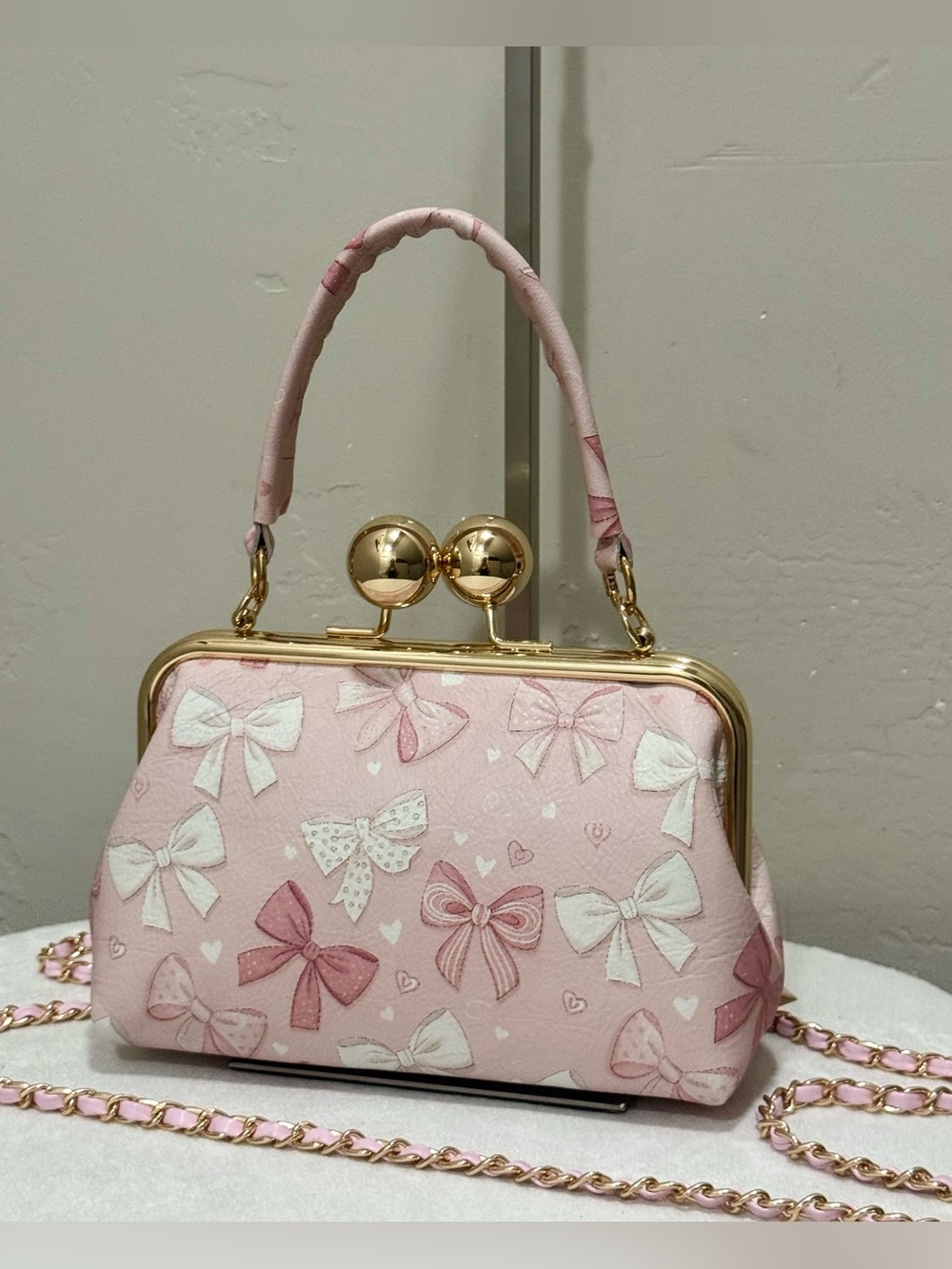 Pink Coquette Style Genuine Leather Bow Print Handmade Kisslock Clutch Bag